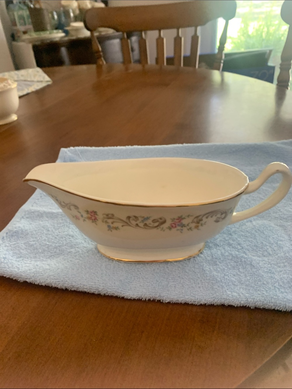 Paden City Pottery Porcelain Gravy Boat with Pink Floral Motif and Gold Trim